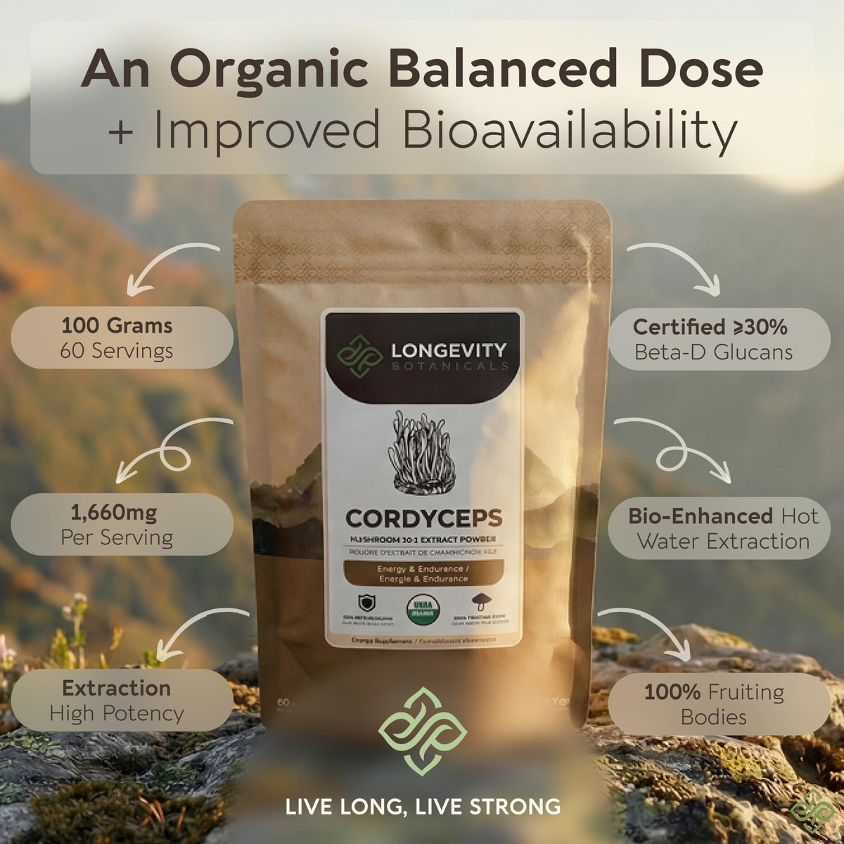Sachet de poudre de champignon Cordyceps Longevity Botanicals sur une table