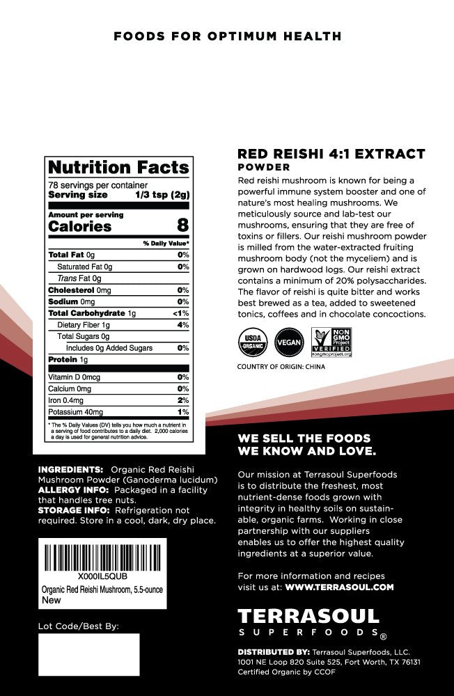 Sachet de poudre de champignon Reishi bio Terrasoul Superfoods ouvert