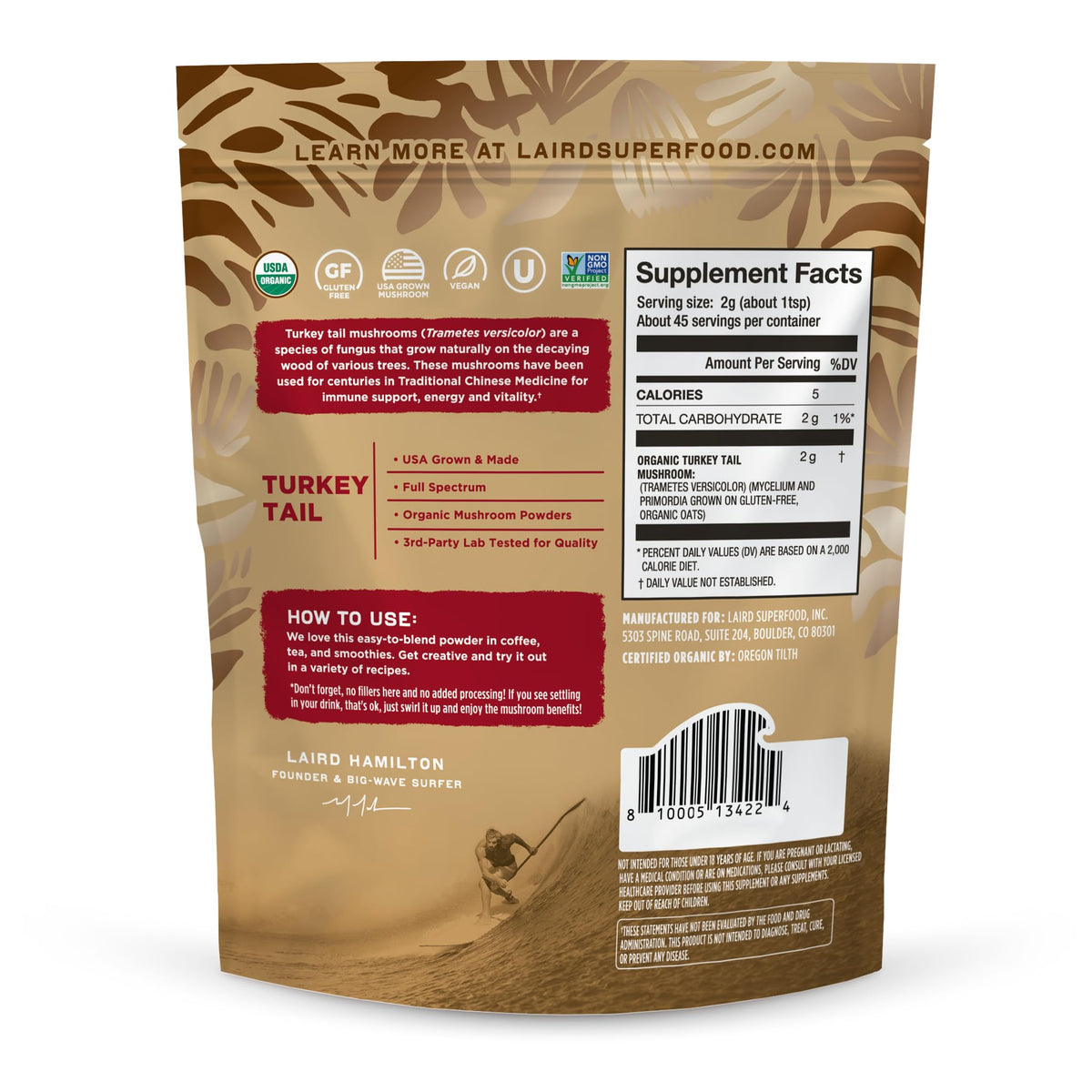 Sachet de poudre de champignon Turkey Tail Laird Superfood ouvert