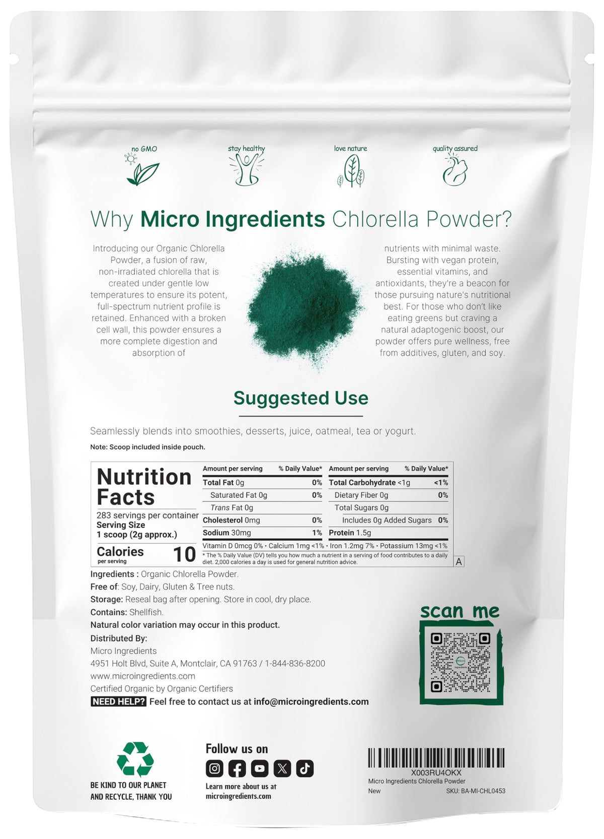 Sachet de poudre de chlorelle bio Micro Ingredients avec étiquette