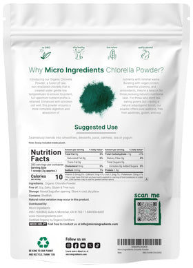 Sachet de poudre de chlorelle bio Micro Ingredients avec étiquette