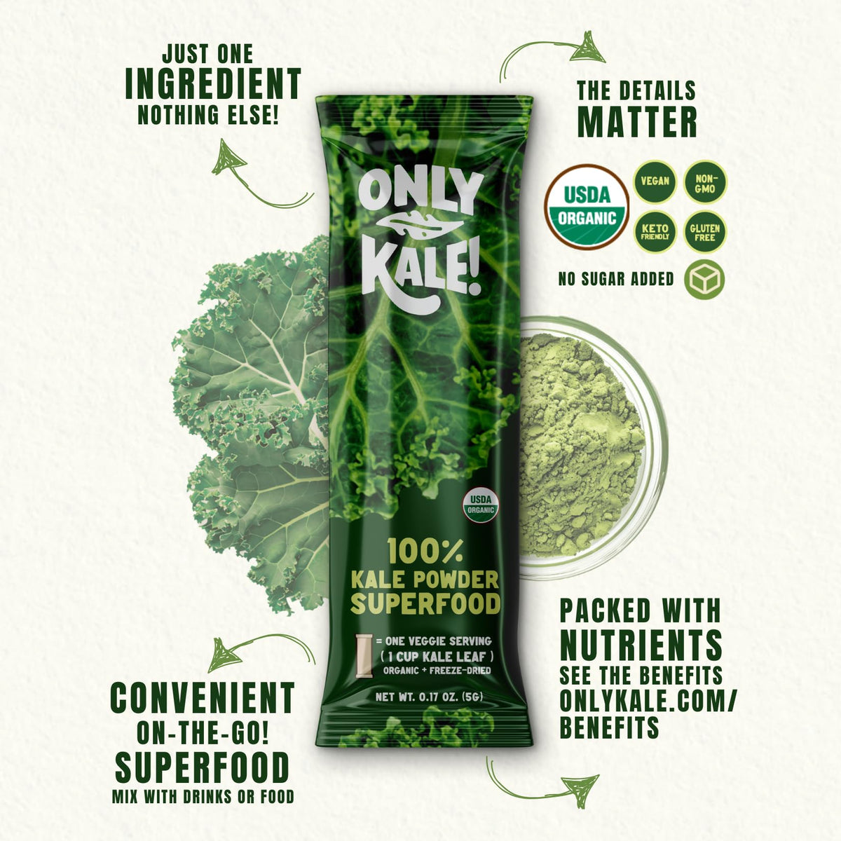 Sachet de poudre de chou frisé OnlyKale ouvert