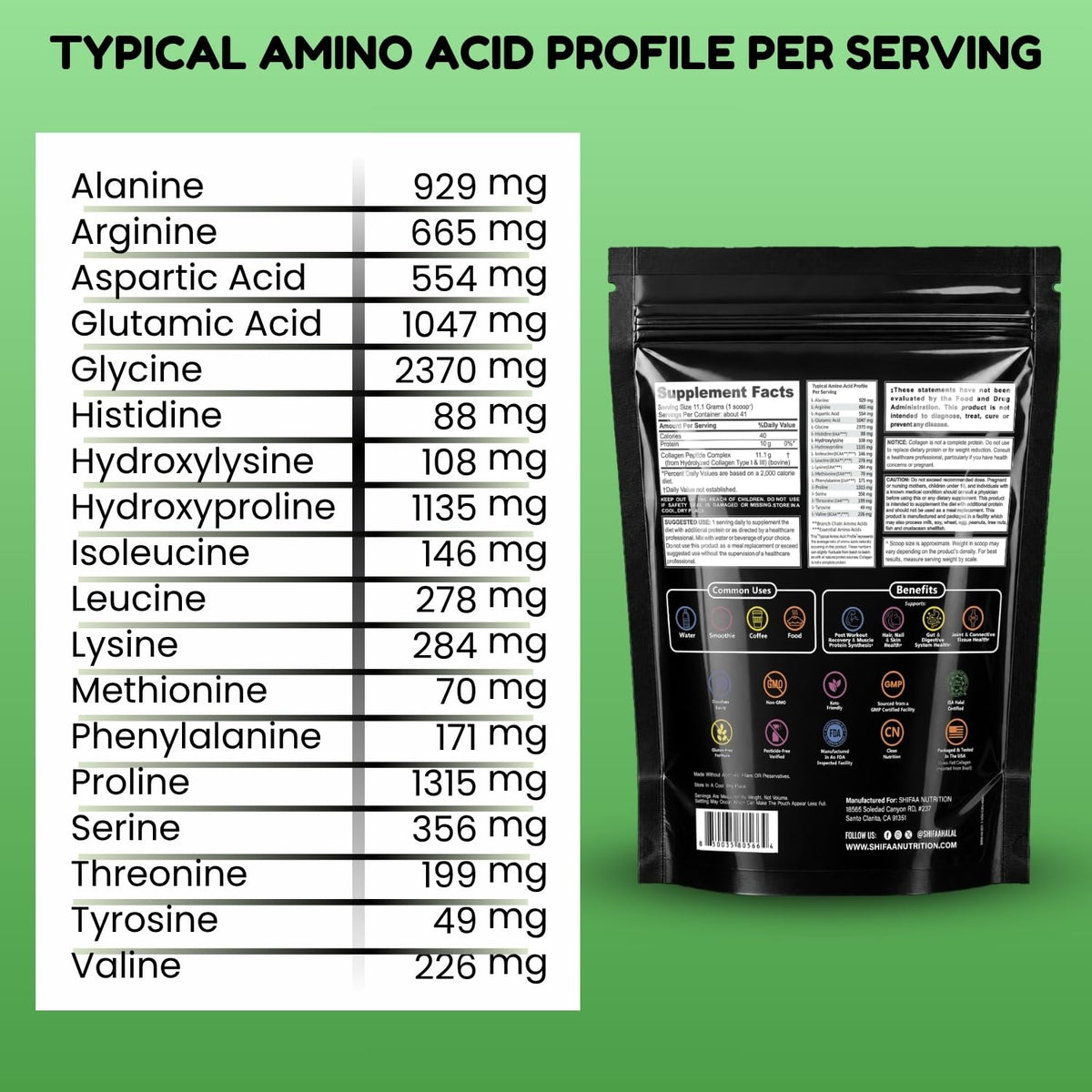 Sachet de poudre de collagène halal SHIFAA NUTRITION ouvert avec poudre visible