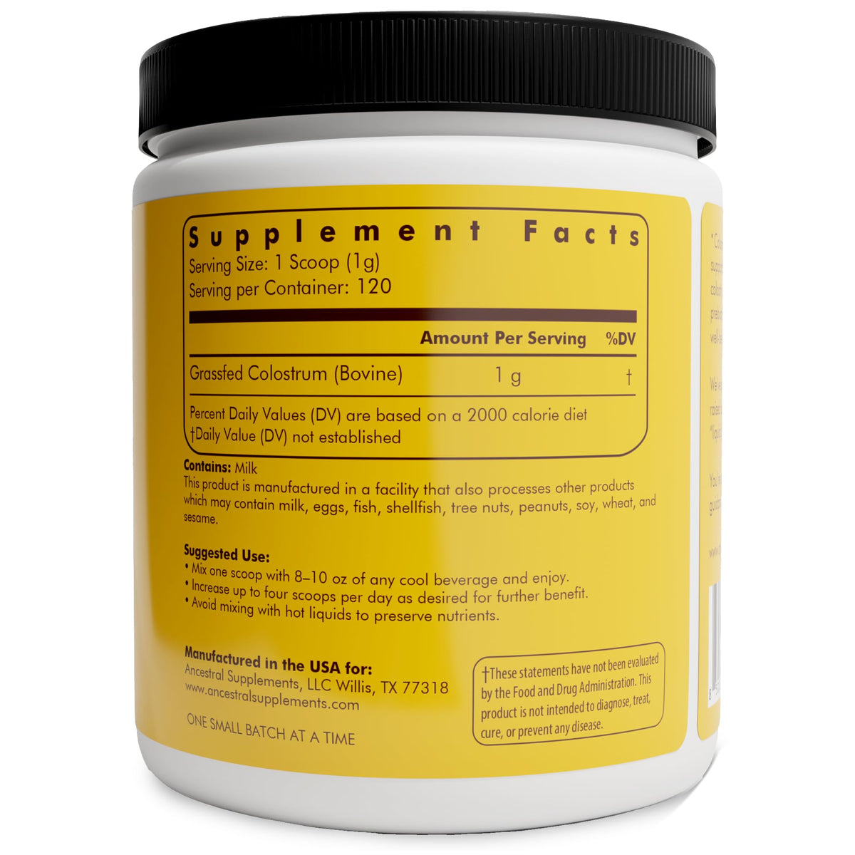 Sachet de poudre de colostrum bovin Ancestral Supplements ouvert