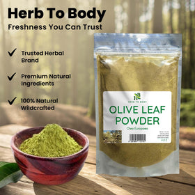 Sachet de poudre de feuille d'olivier Herb To Body ouvert