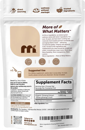 Sachet de poudre de ginseng rouge Micro Ingredients ouvert avec une cuillère à côté