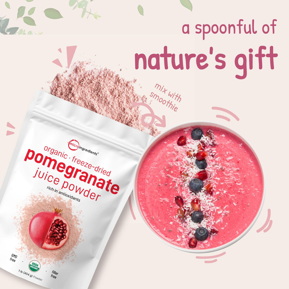 Sachet de poudre de jus de grenade bio Micro Ingredients ouvert