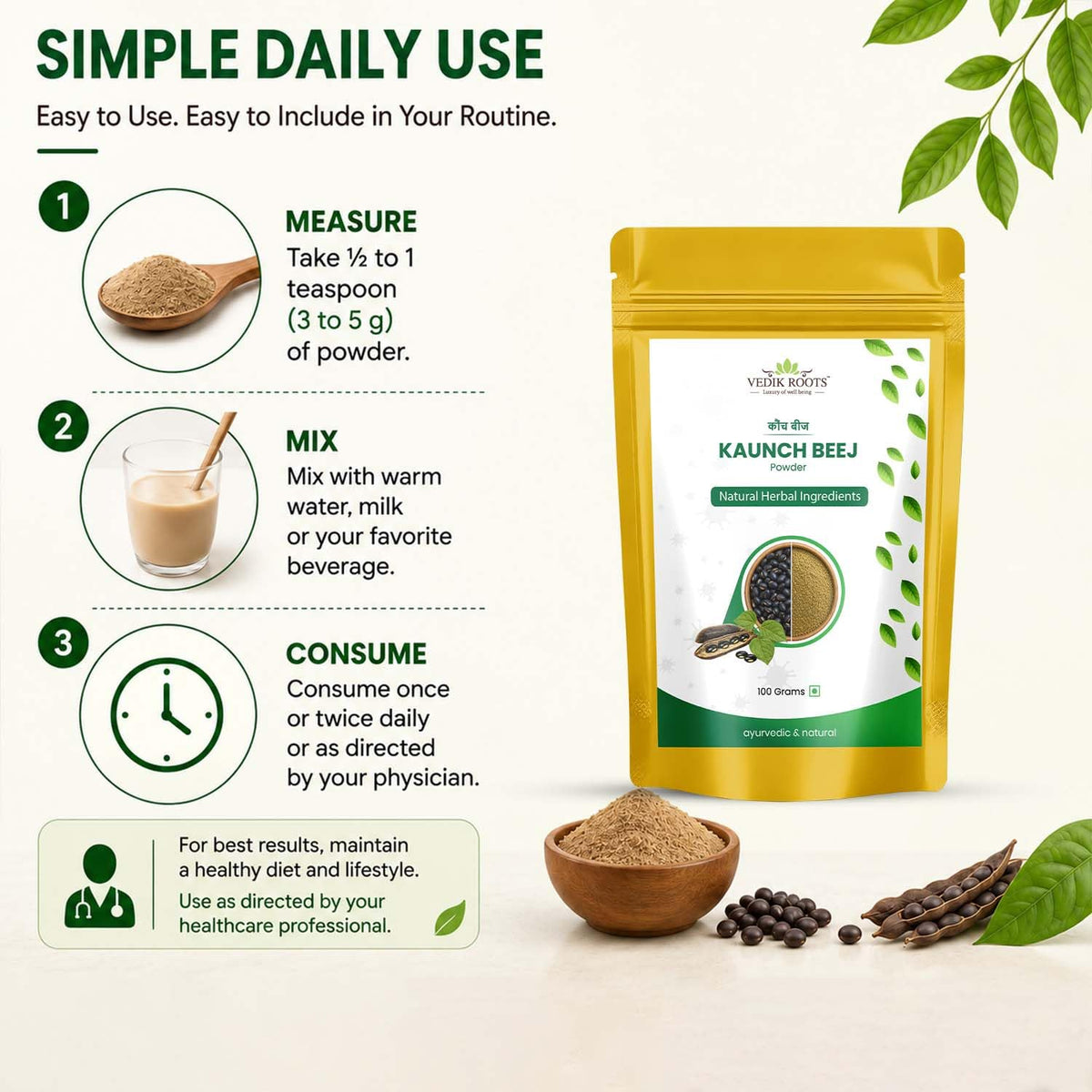 Sachet de poudre de Kaunch Beej VEDIKROOTS sur une table en bois