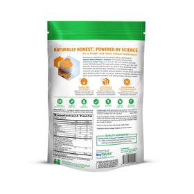 Sachet de poudre de lait doré BioTrust sur une table en bois