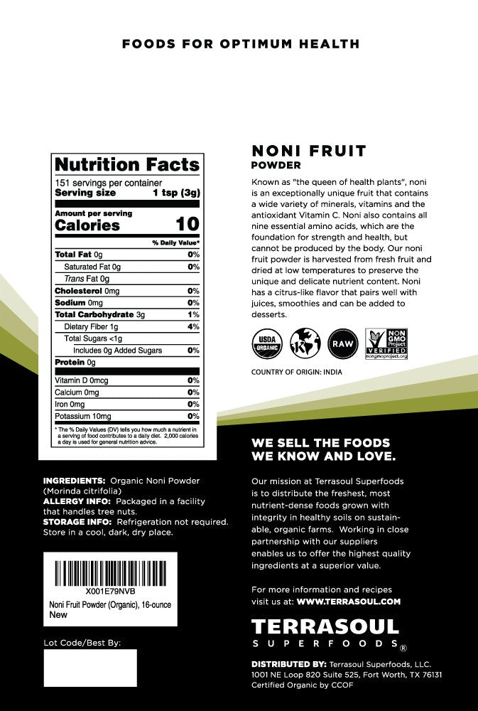 Sachet de poudre de Noni bio ouvert avec poudre visible