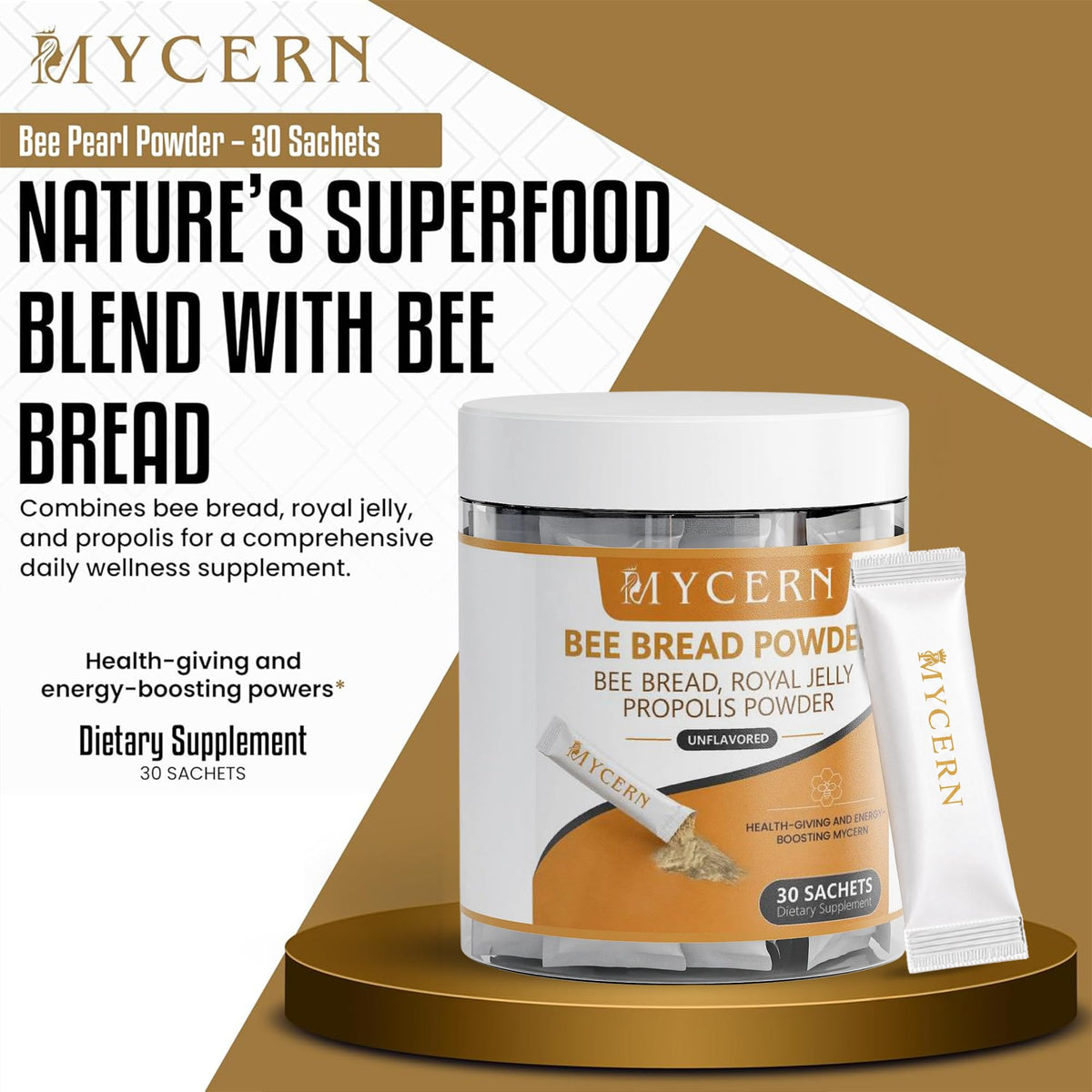 Sachet de poudre de pain d'abeille Mycern ouvert, vue de près