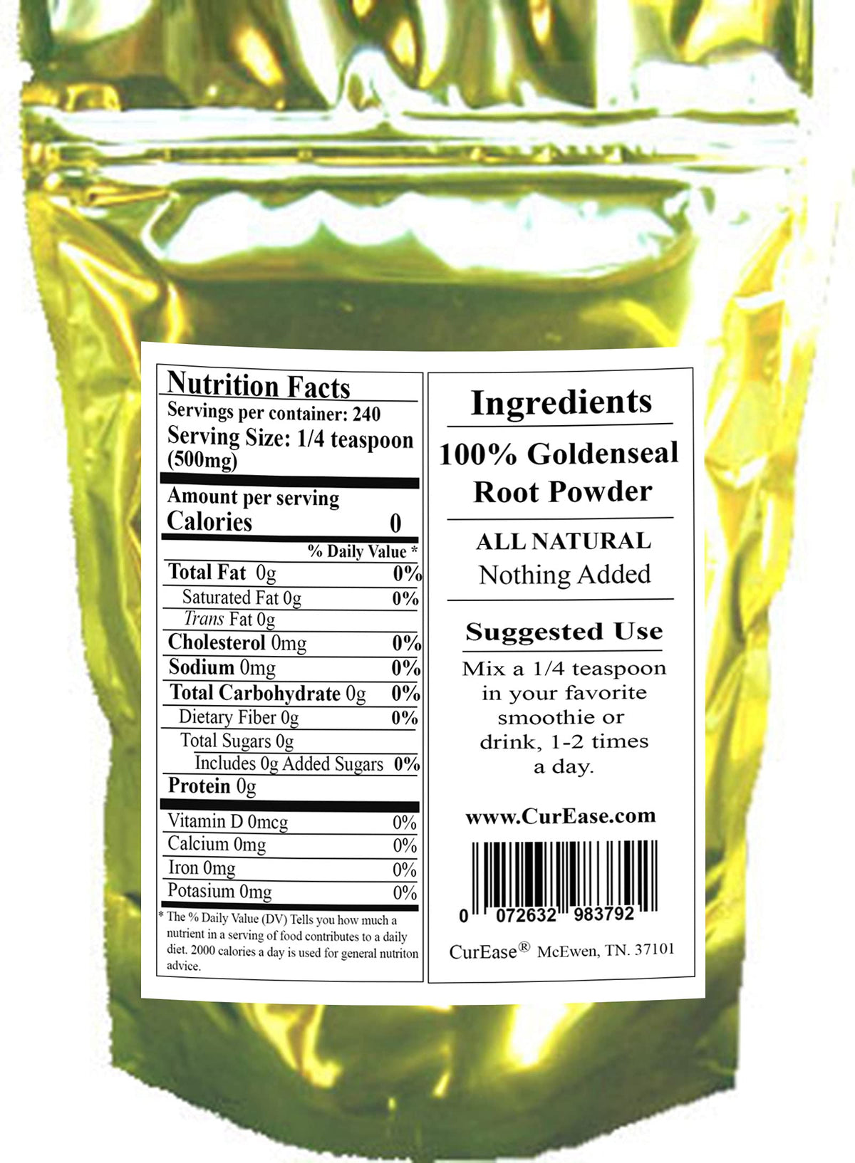 Sachet de poudre de racine de Goldenseal sur une table