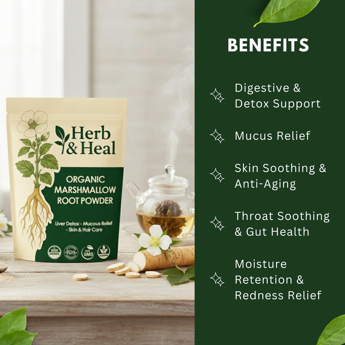 Sachet de poudre de racine de guimauve Herb & Heal ouvert, montrant la poudre fine