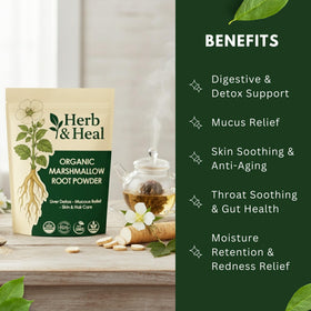 Sachet de poudre de racine de guimauve Herb & Heal ouvert, montrant la poudre fine