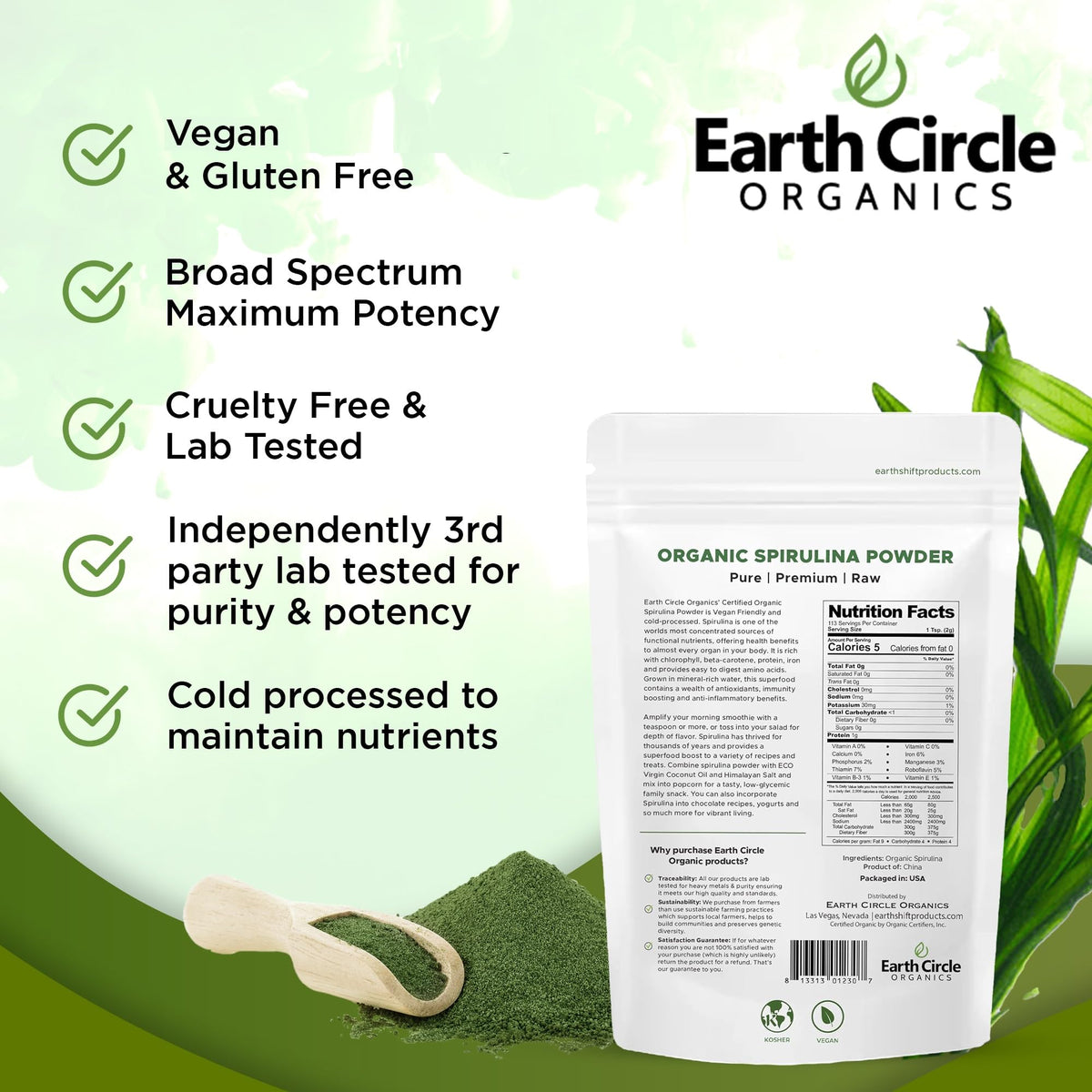 Sachet de poudre de spiruline avec étiquettes bio et kosher