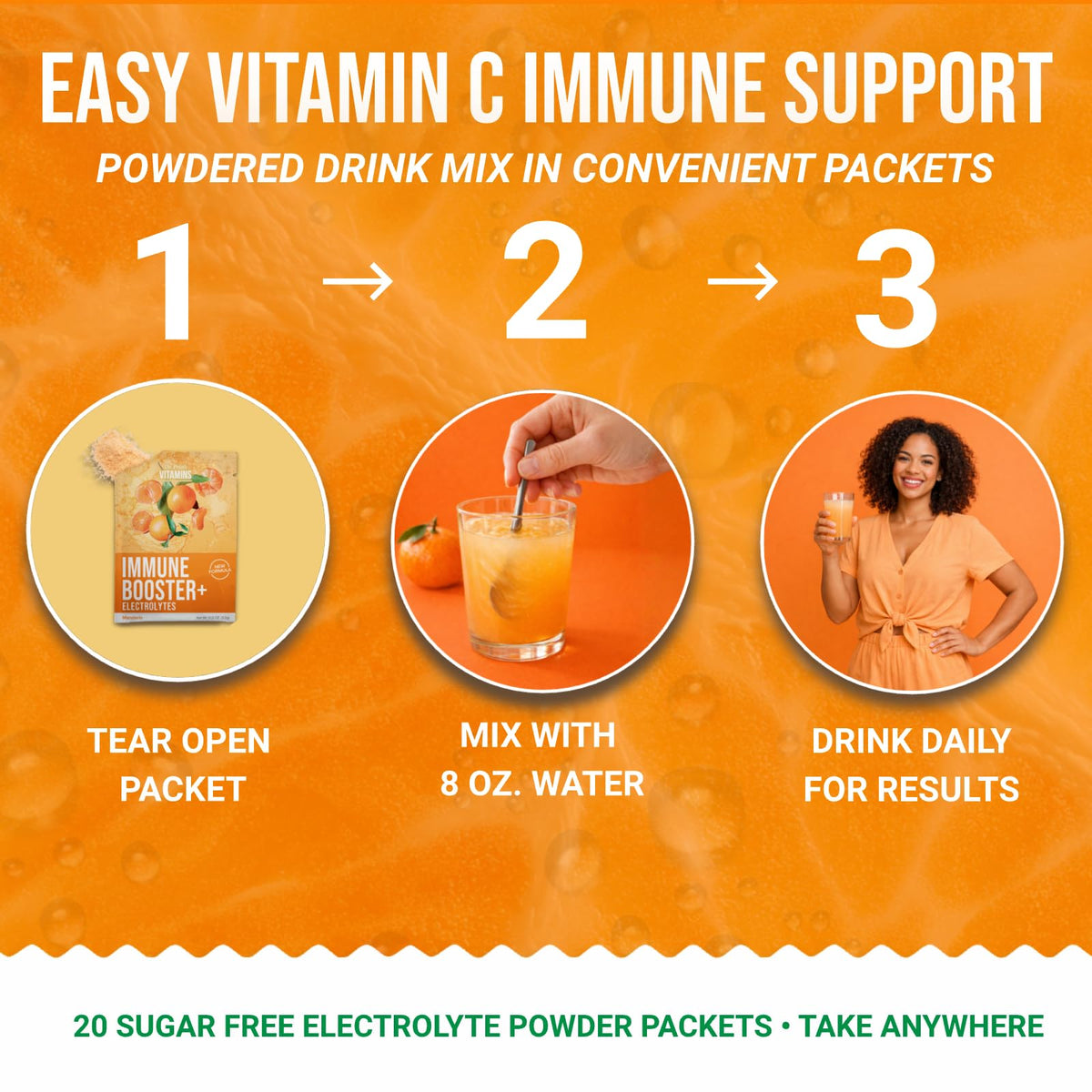 Sachet de poudre de vitamine C avec zinc à côté d'un verre d'eau