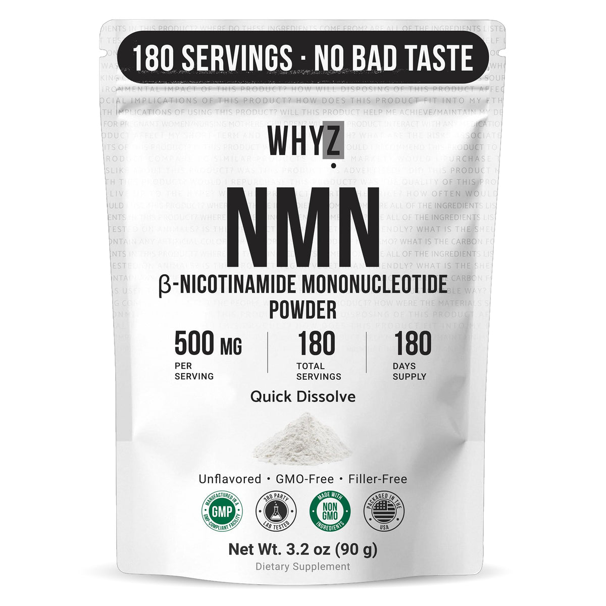 Sachet de poudre NMN pure WHYZ vue avant avec étiquette