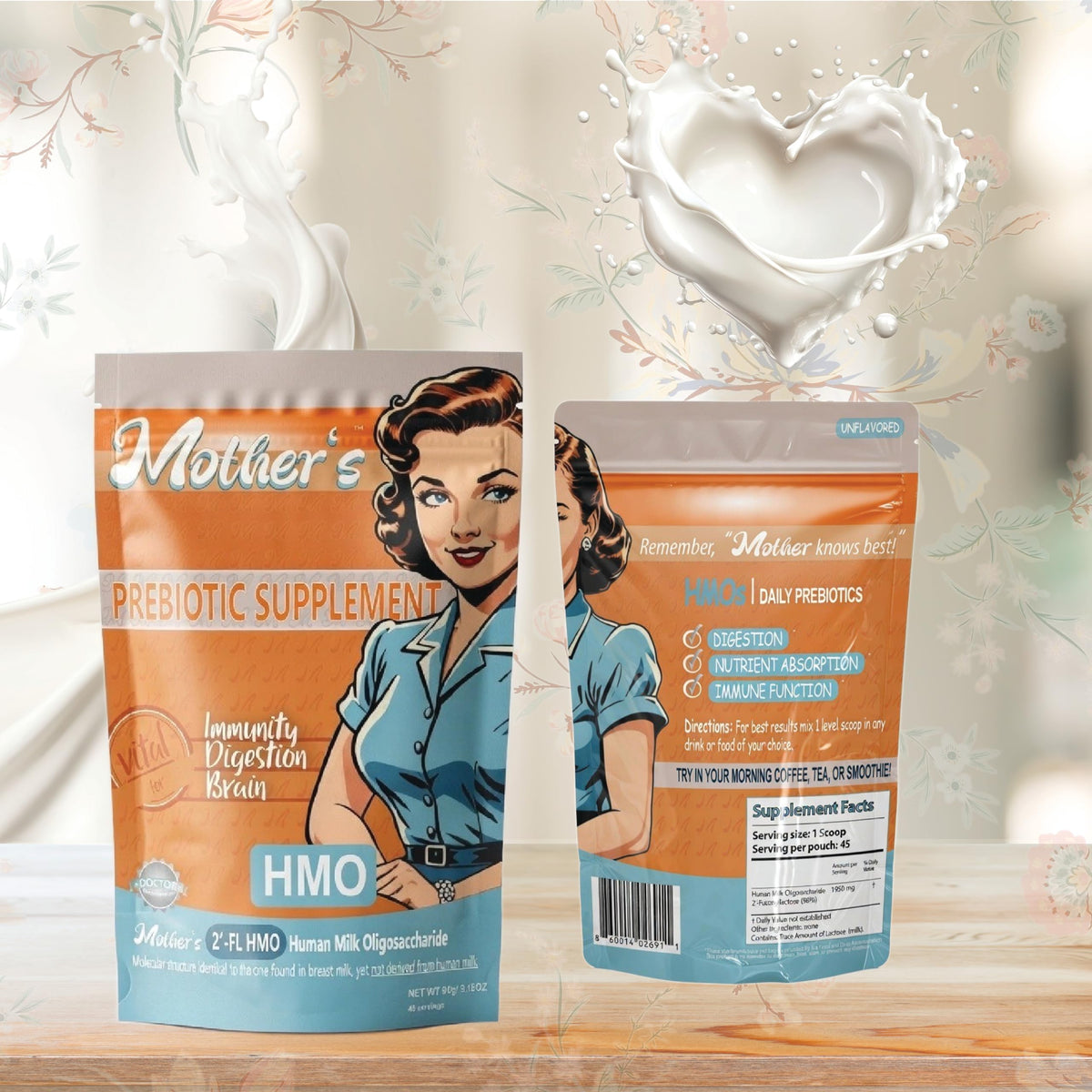 Sachet de poudre prébiotique HMO Mother's avec informations nutritionnelles