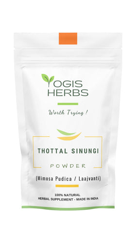 Sachet de poudre Thottal Sinungi de YOGIS HERBS, 227g, avec illustration de la plante Mimosa pudica