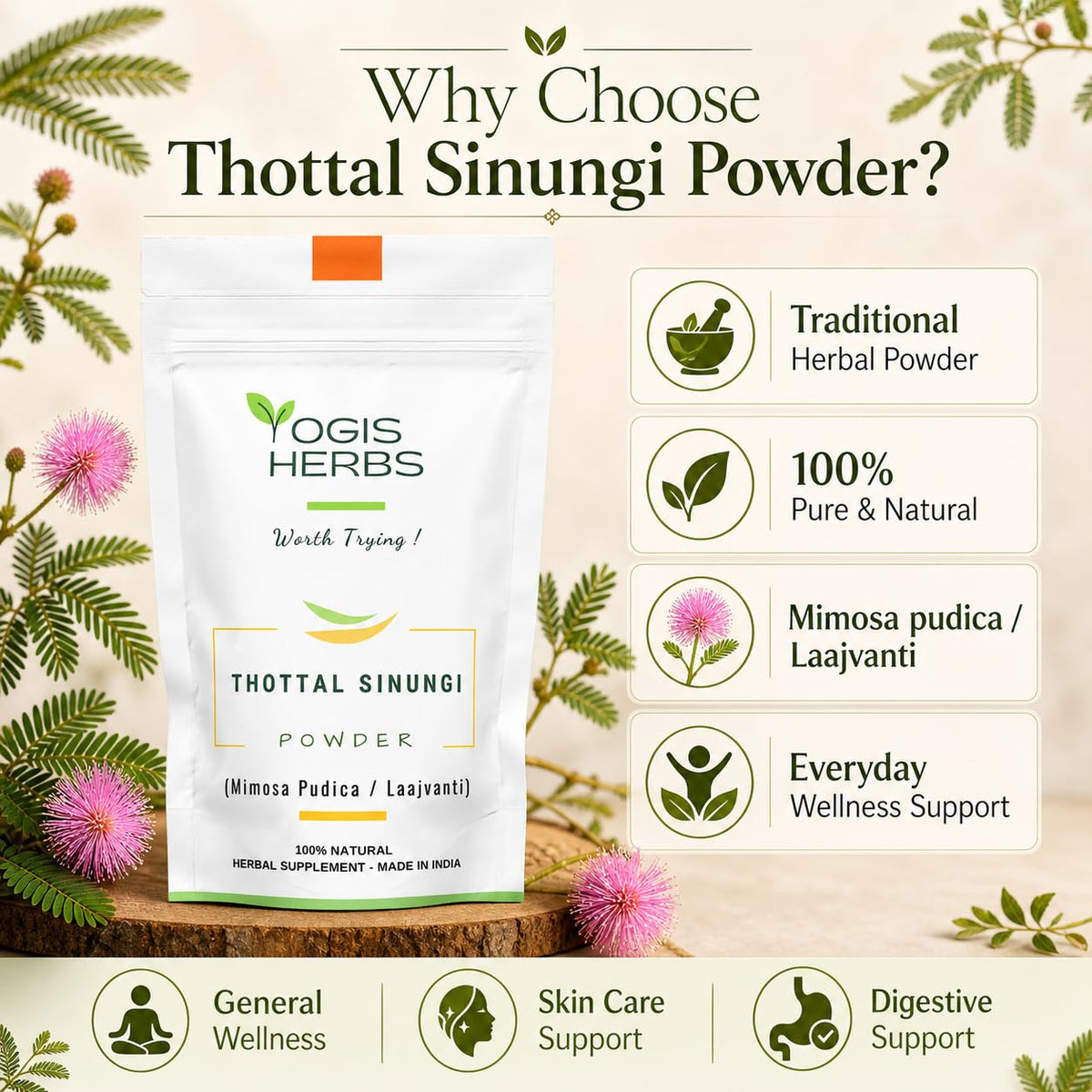 Sachet de poudre Thottal Sinungi ouvert montrant la texture fine de la poudre