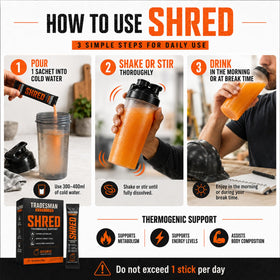 Sachet de poudre Tradesman Nutrition Shred avec un fond en nature