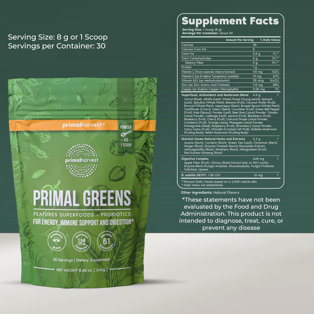 Sachet de Primal Harvest Primal Greens avec étiquette nutritionnelle