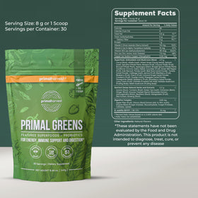 Sachet de Primal Harvest Primal Greens avec étiquette nutritionnelle