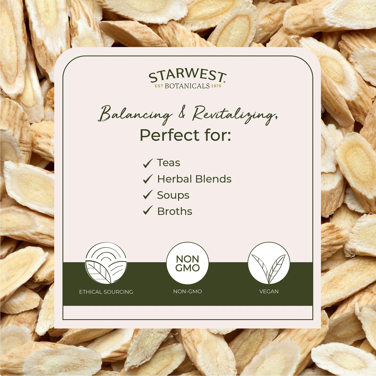 Sachet de racine d'Astragale Bio Starwest Botanicals ouvert avec tranches visibles