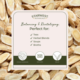 Sachet de racine d'Astragale Bio Starwest Botanicals ouvert avec tranches visibles