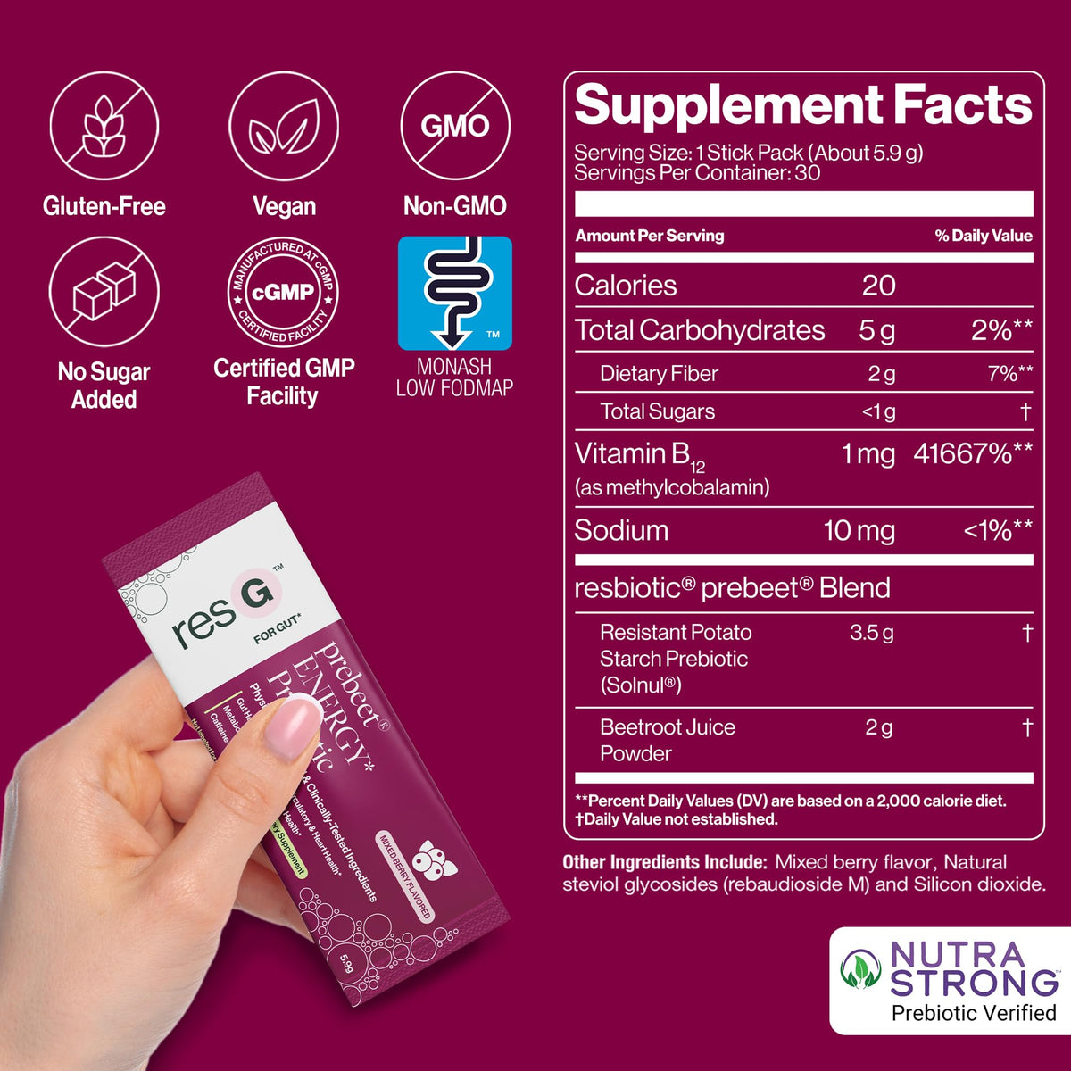 Sachet de ResBiotic resG prebeet ouvert avec poudre