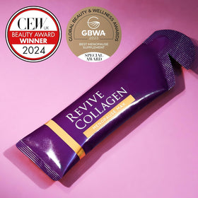 Sachet de Revive Collagen à côté d'un mélangeur