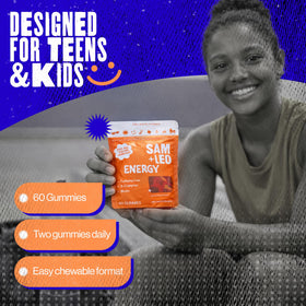 Sachet de SAM+LEO Gummies Énergétiques ouvert, montrant les gummies à l'intérieur