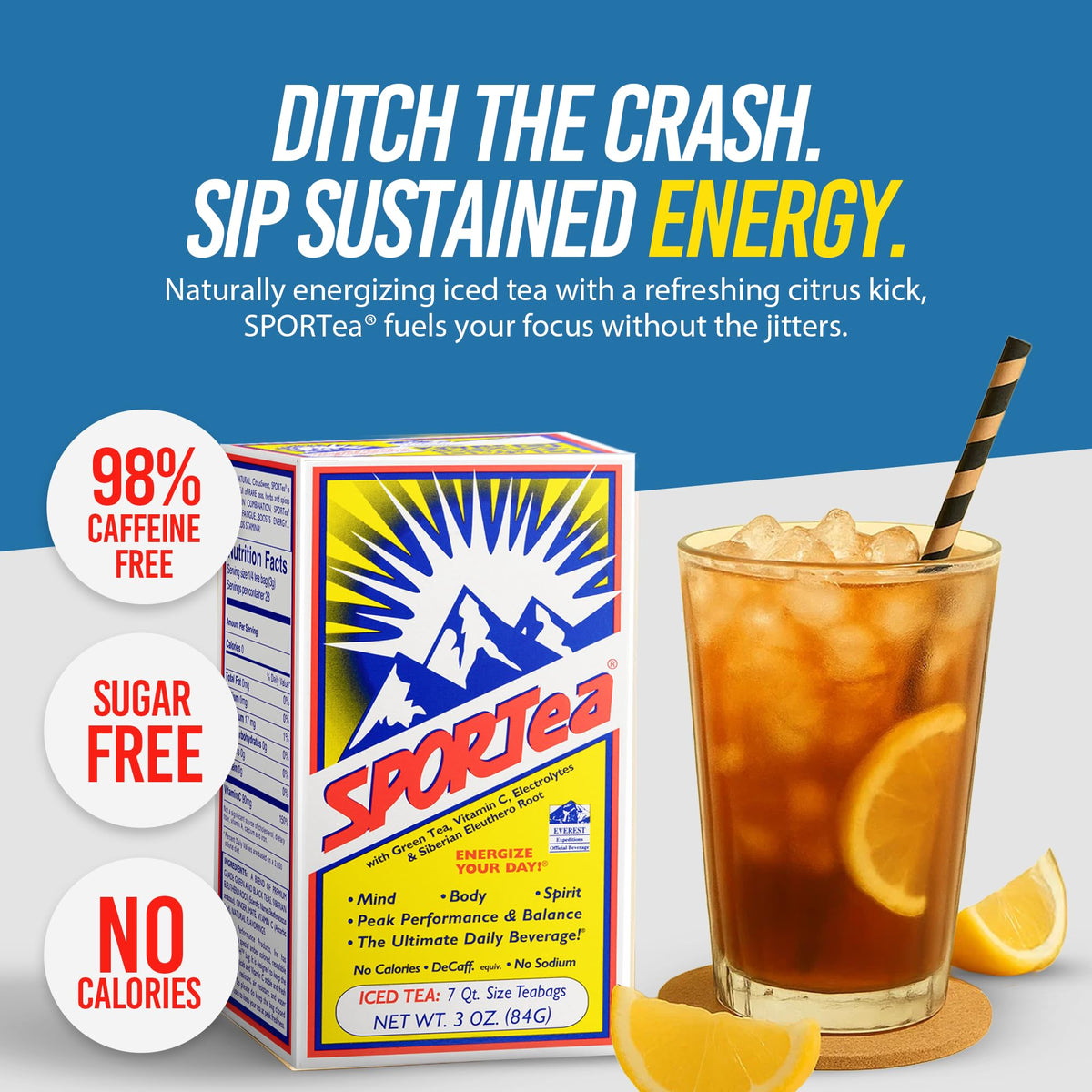 Sachet de SPORTea Iced dans un verre avec glaçons
