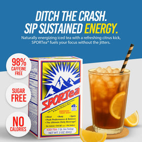 Sachet de SPORTea Iced dans un verre avec glaçons