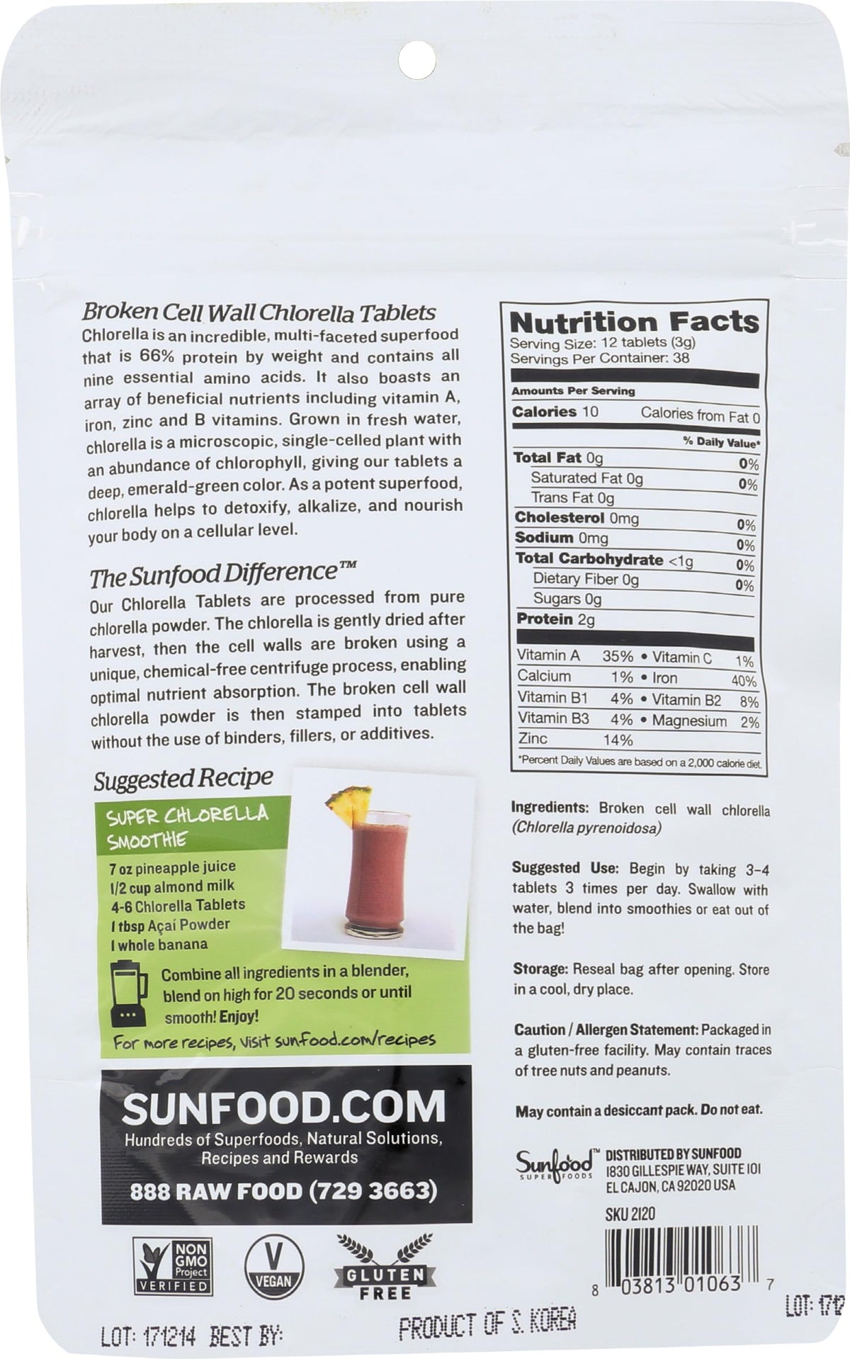 Sachet de Sunfood Chlorella 118g - vue arrière