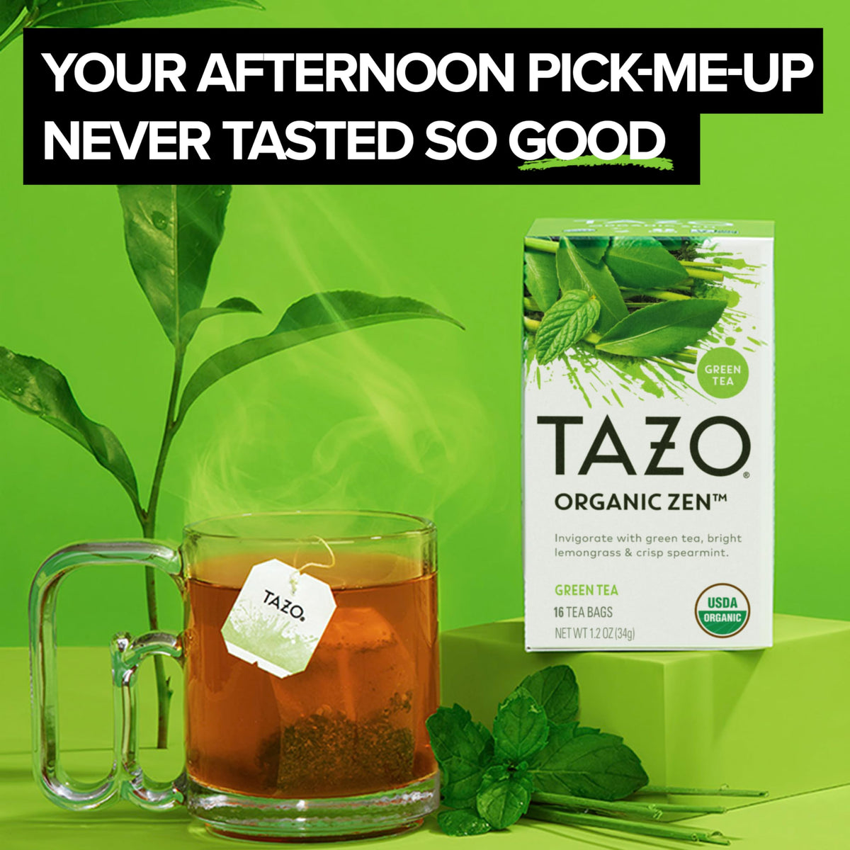 Sachet de TAZO Thé Vert Zen avec feuilles de menthe