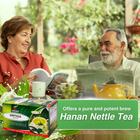 Sachet de thé d'ortie Hanan ouvert, feuilles visibles