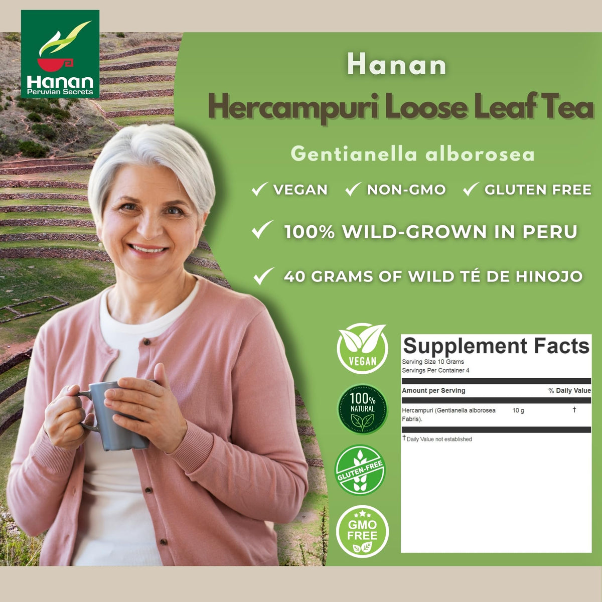 Sachet de thé herbal Hercampuri sur une table en bois