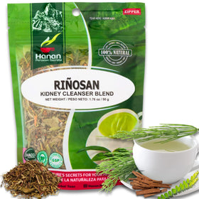 Sachet de thé herbal Riñosan Hanan ouvert avec feuilles visibles