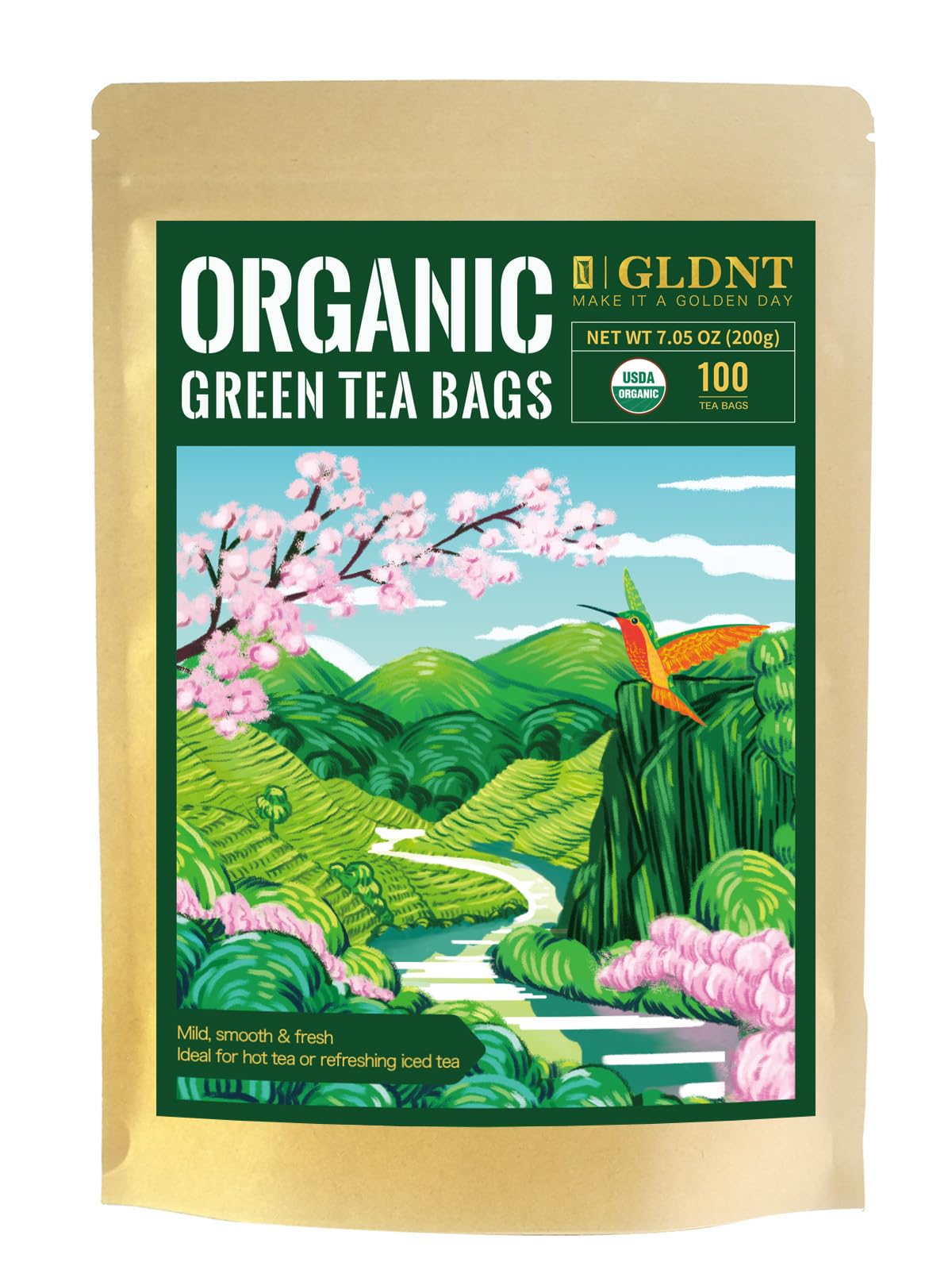 Sachet de thé vert bio GLDNT face avant avec emballage en kraft