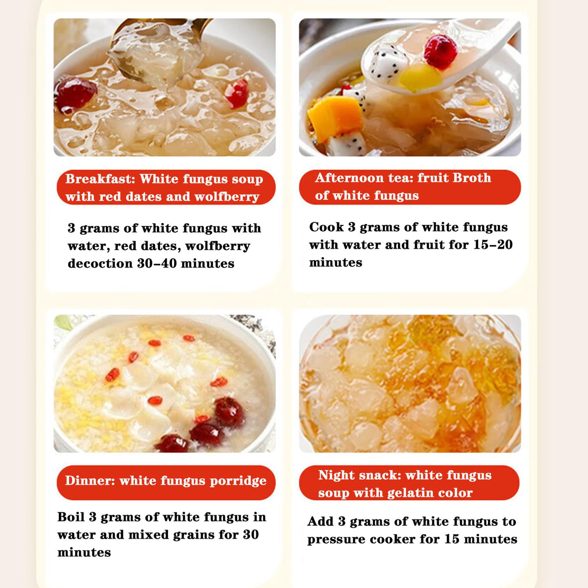 Sachet de Tremella Fuciformis avec recette en arrière-plan
