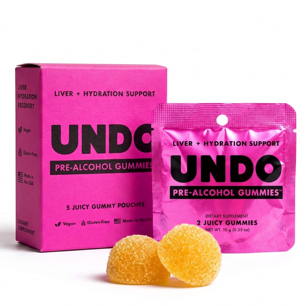 Sachet de Undo Gummies pré-alcool saveur tropicale avec deux gélules visibles