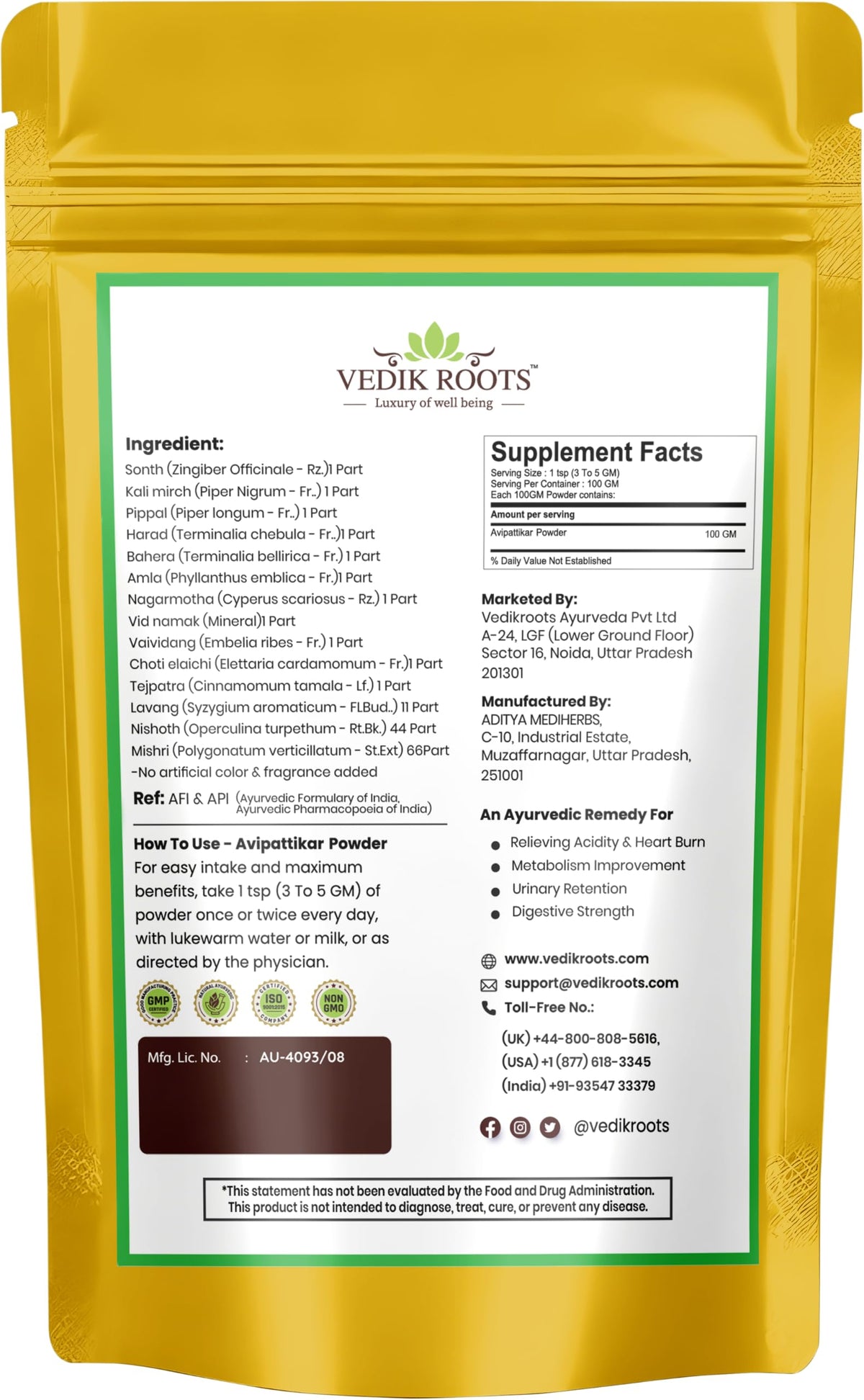 Sachet de VEDIKROOTS Avipattikar Churna ouvert