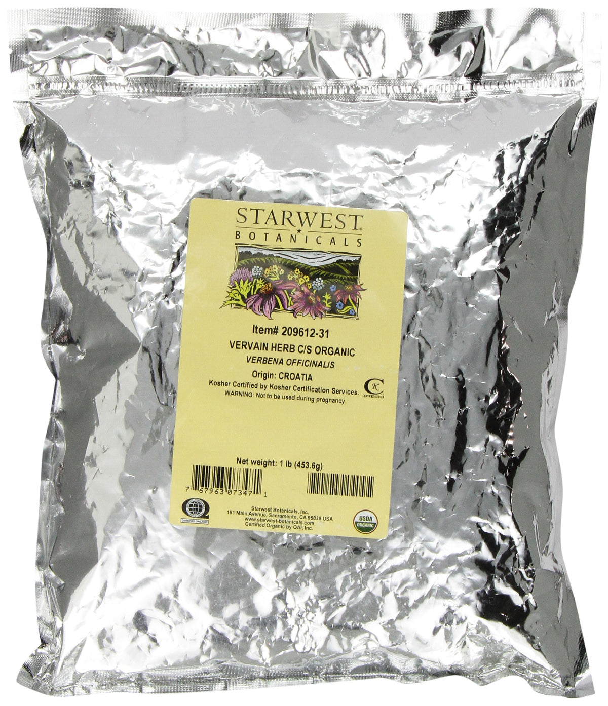 Sachet de verveine bio Starwest Botanicals 490g avec étiquette