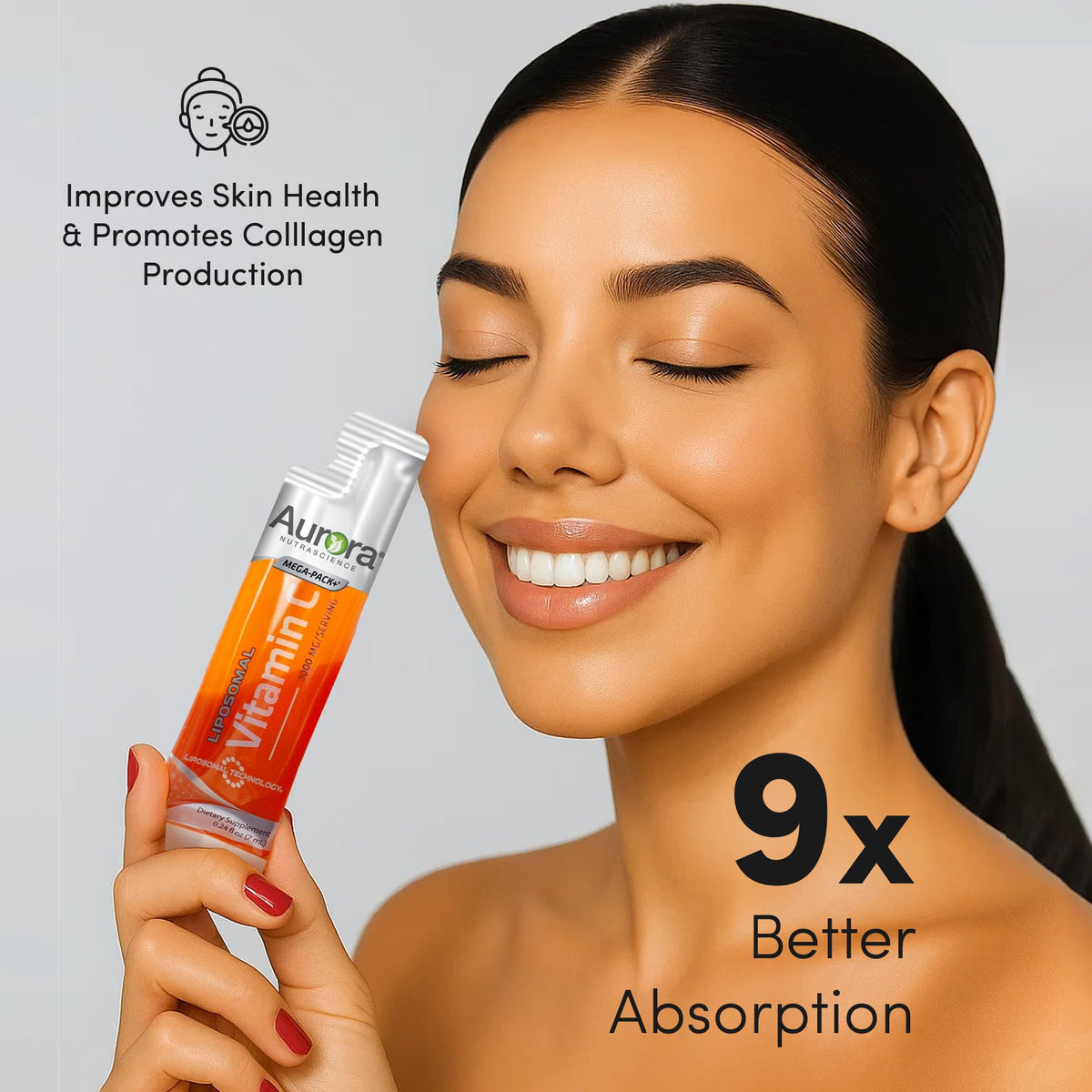Sachet de vitamine C liposomale Vida Lifescience avec un verre d'eau