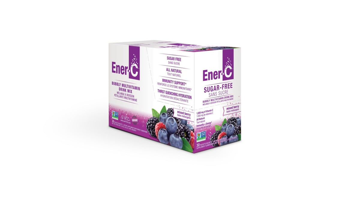 Sachet de vitamines Ener-C ouvert, montrant la poudre à l'intérieur