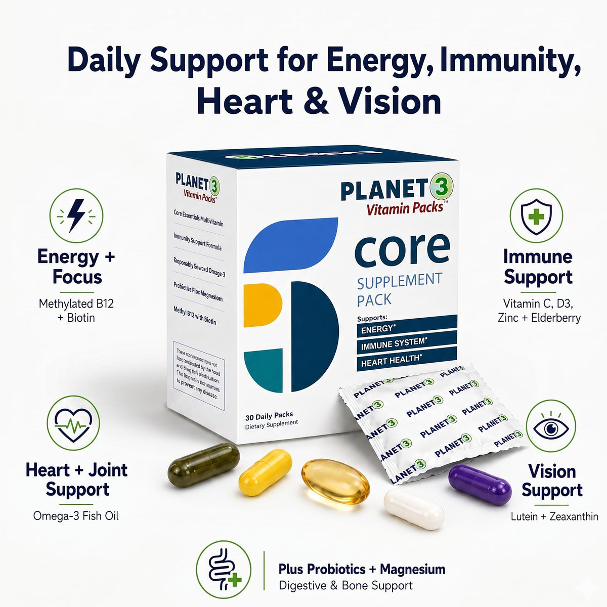 Sachet de vitamines Planet 3 ouvert avec contenu