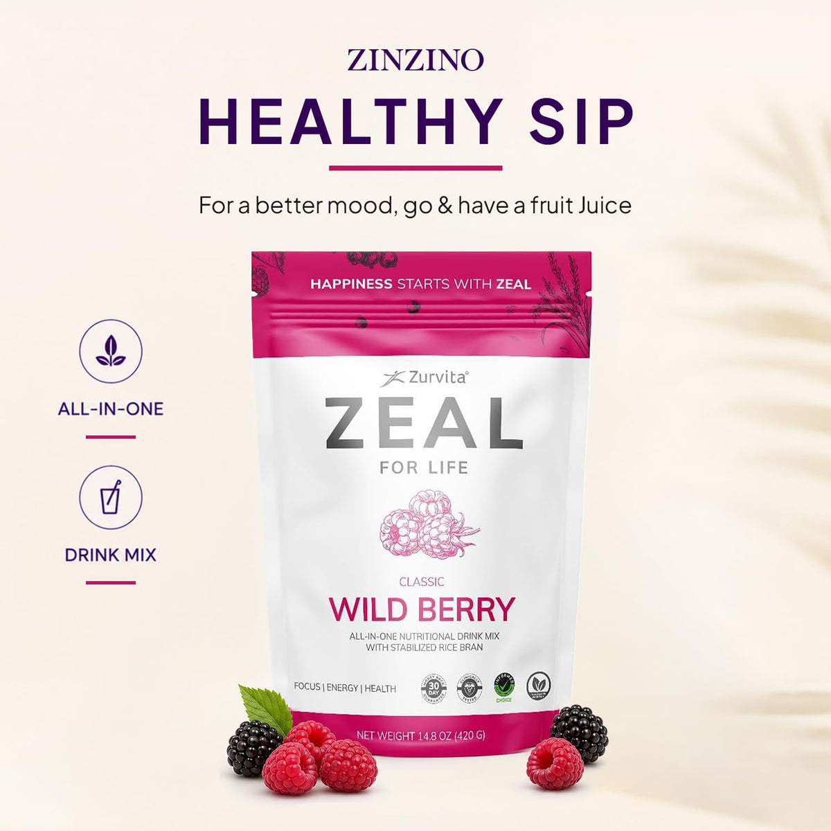 Sachet de Zurvita Zeal for Life Classic Wild Berry sur une table