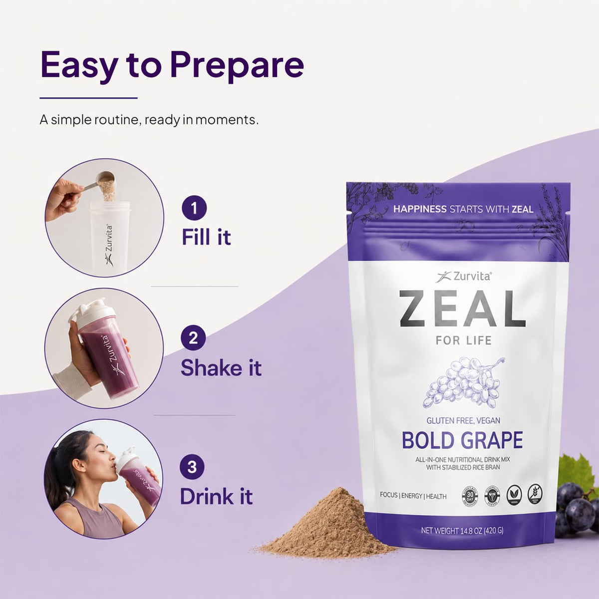Sachet de Zurvita Zeal ouvert avec mesure à côté