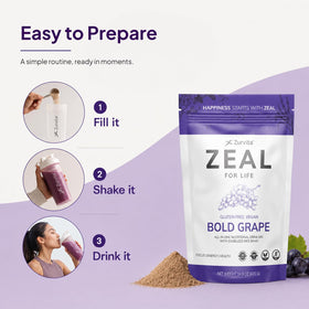 Sachet de Zurvita Zeal ouvert avec mesure à côté
